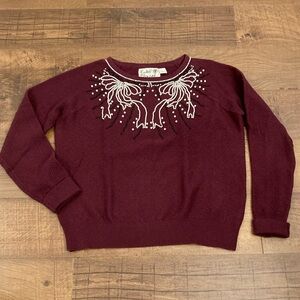 Anthropologie Field Flower Burgundy Maroon Sweater Pearled Bow Detail Women’s M